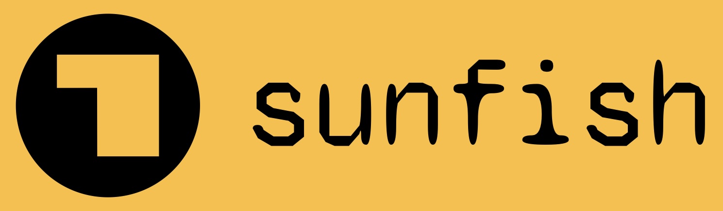 sunfish logo. Bright yellow background, with the logo next to the name 'sunfish'.