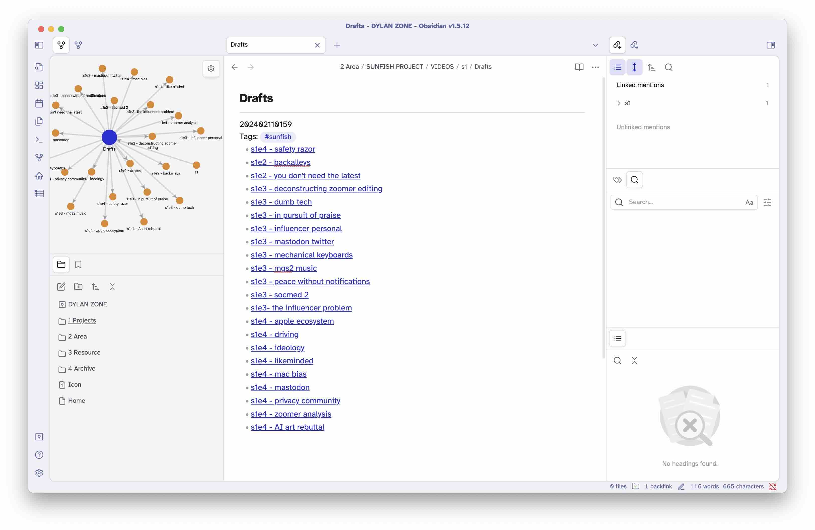 Screenshot of my Obsidian workspace showing a huge list of video script drafts.